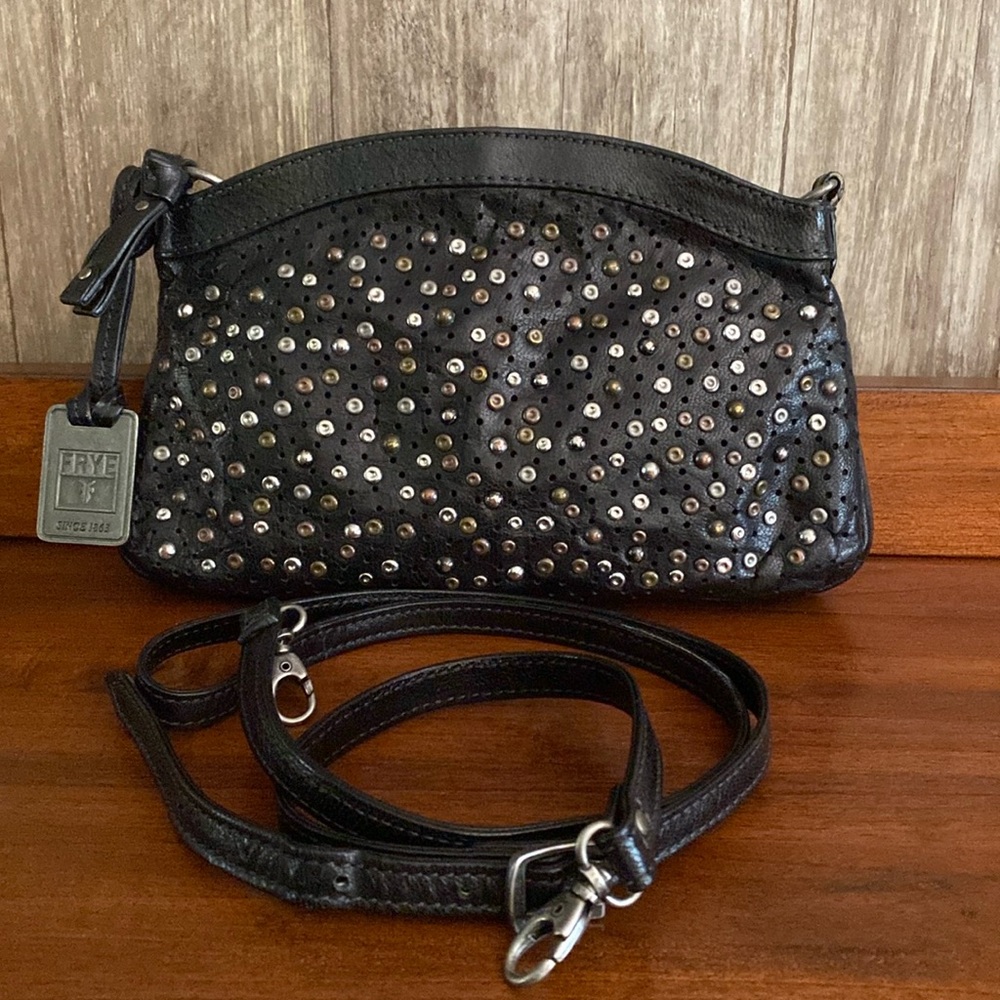 FRYE Deborah Studded Black Glazed Leather Shoulder-bag, Strap & Frye Hangtag EUC